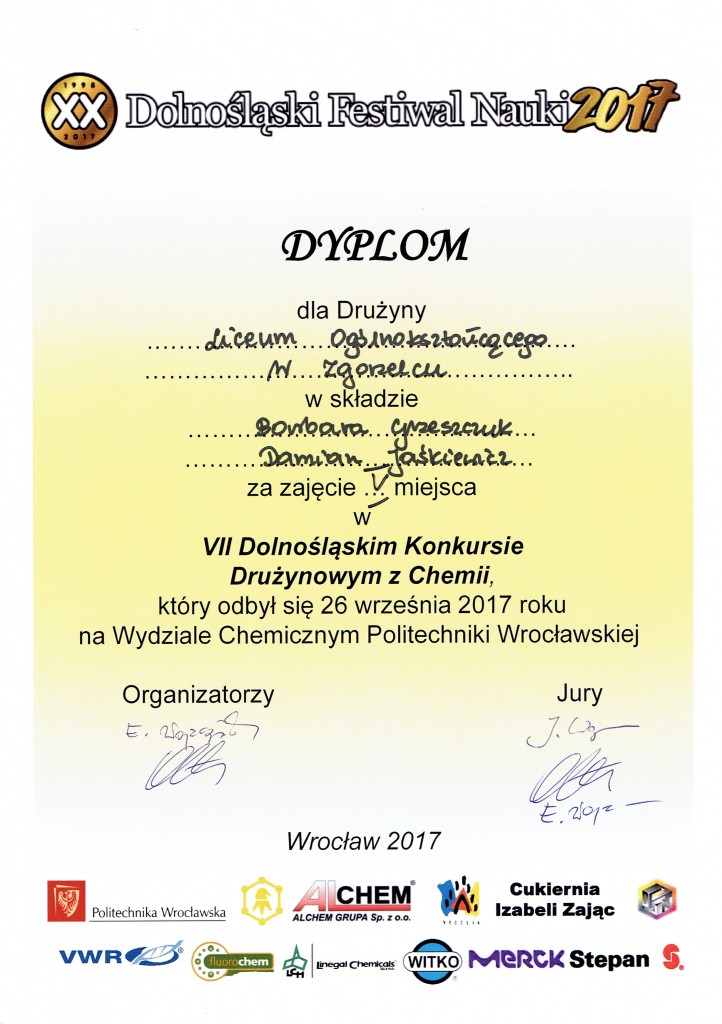 VII drużynowy konkurs z chemii 2017 - V miejsce Grzeszczuk, Jaśkiewicz